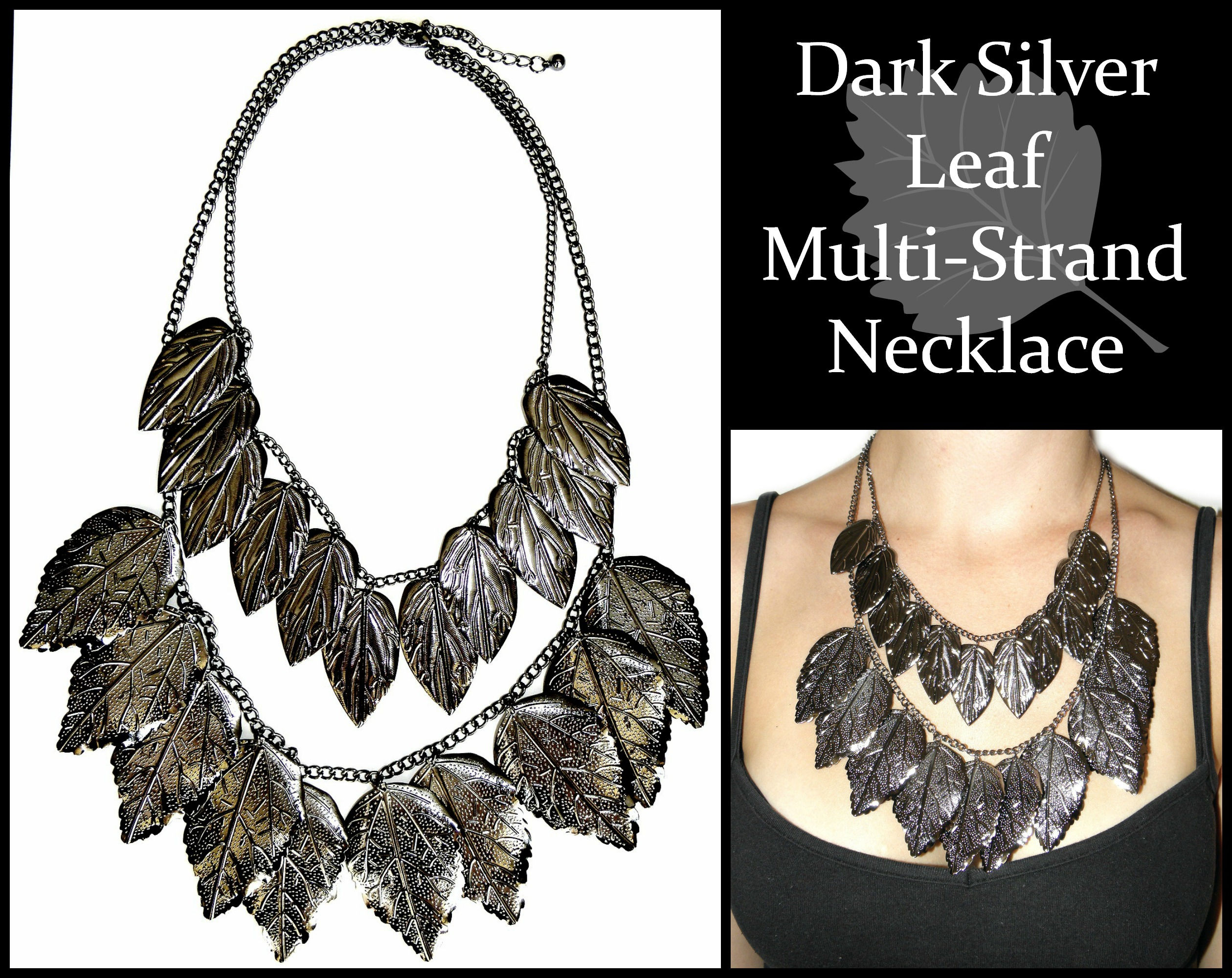 Dark Silver Leaf Multi Strand Necklace