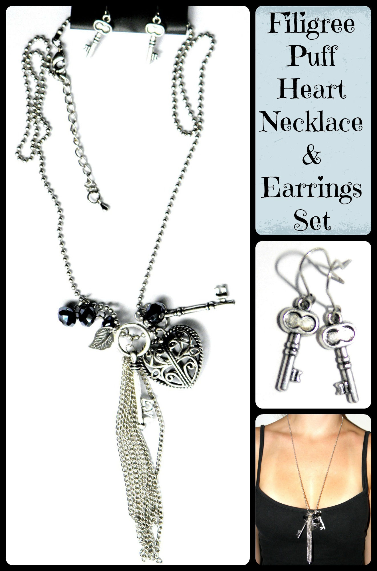 Filigree Heart Love Charms Necklace & Earrings Set