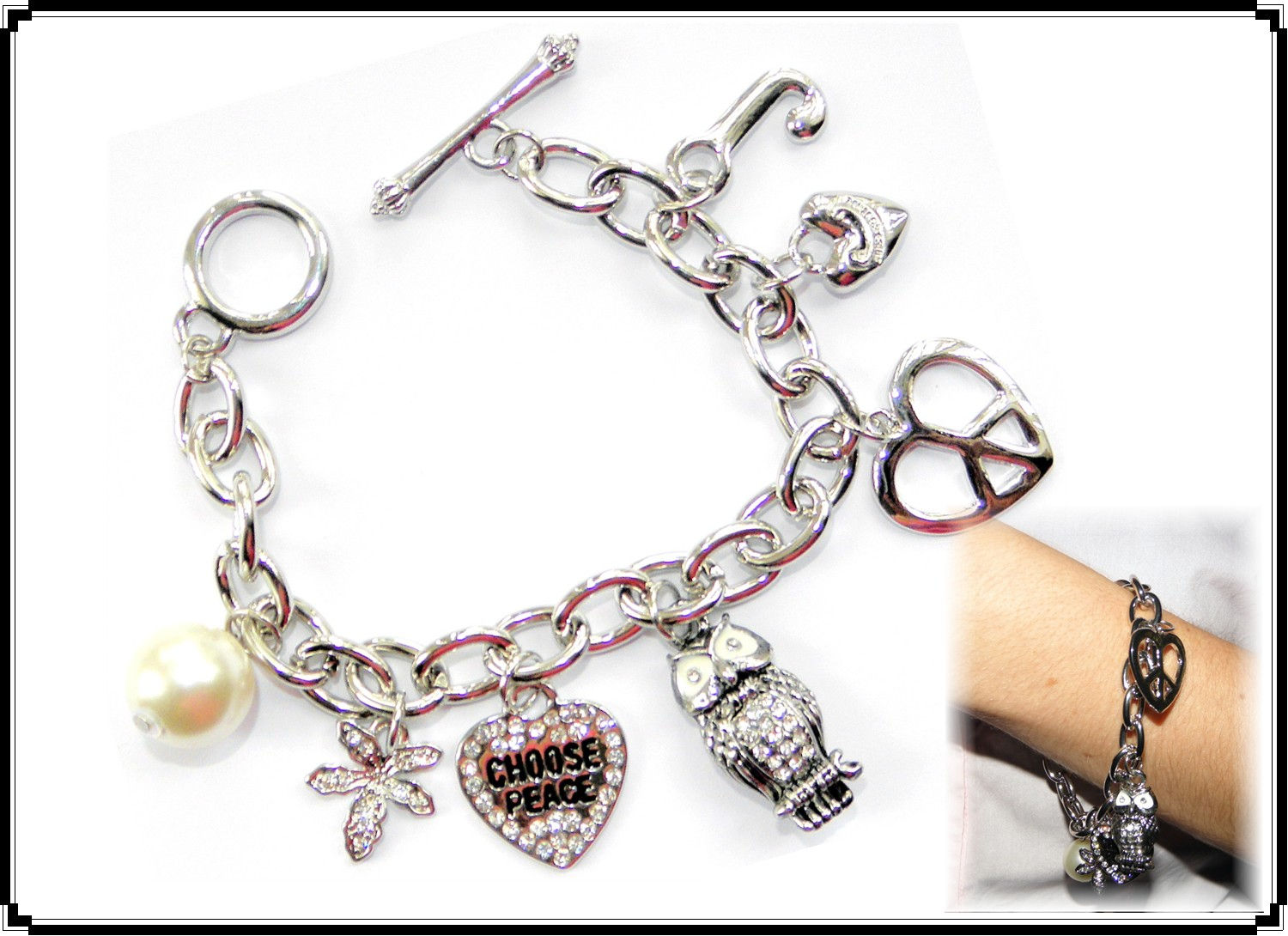 Elegant Owl & Hearts Charm Bracelet