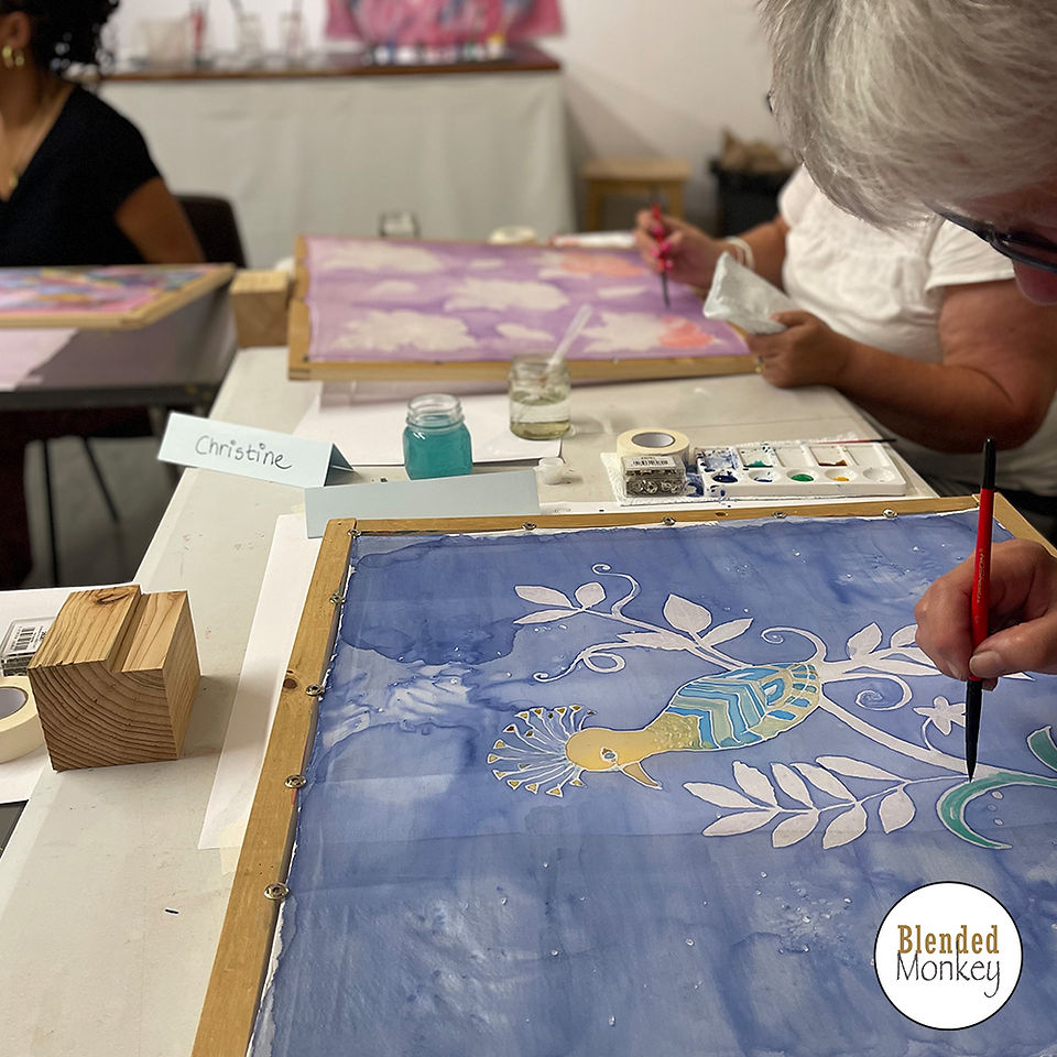 Lovely folk art bird being painted on the silk