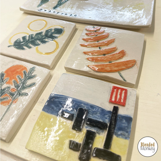 Glazed and fired coasters made by one of our Blended Monkey students