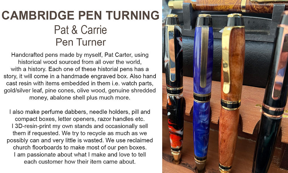 Enjoy a wonderful range of high-end artists at our Autumn Artisan Fayre in Upwell Hall on Sunday 25 October - including Cambridge Pen Turning.