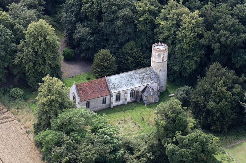 The round tower church in Eccles, Norfolk called St Mary's Church.