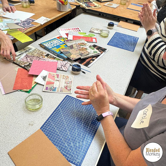 Students enjoying the mindful, relaxing process of creating momigami fabrics