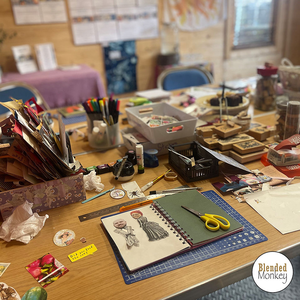 Shot of the table brimming with junk journalling bits and bobs here at Blended Monkey