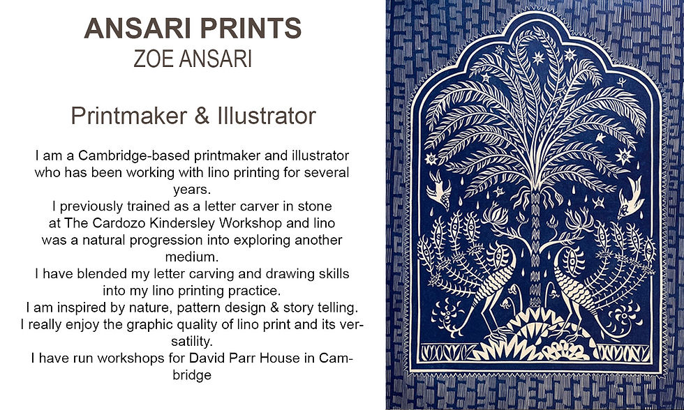 Enjoy a wonderful range of high-end artists at our Autumn Artisan Fayre in Upwell Hall on Sunday 25 October - including Zoe Ansari - printmaker & illustrator.
