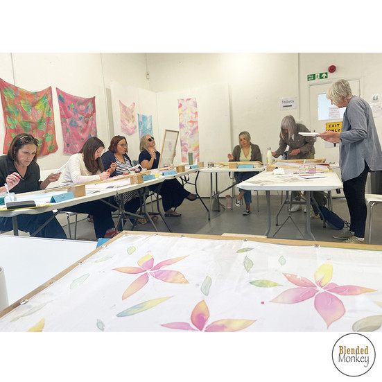 Students busily painting their silks at our Blended Monkey silk painting workshop