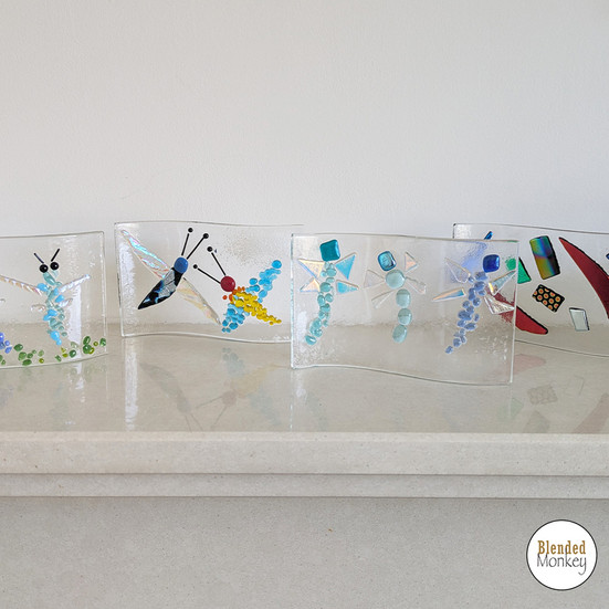 Beautiful dragonfly waves created using the fused glass method at our Blended Monkey workshop