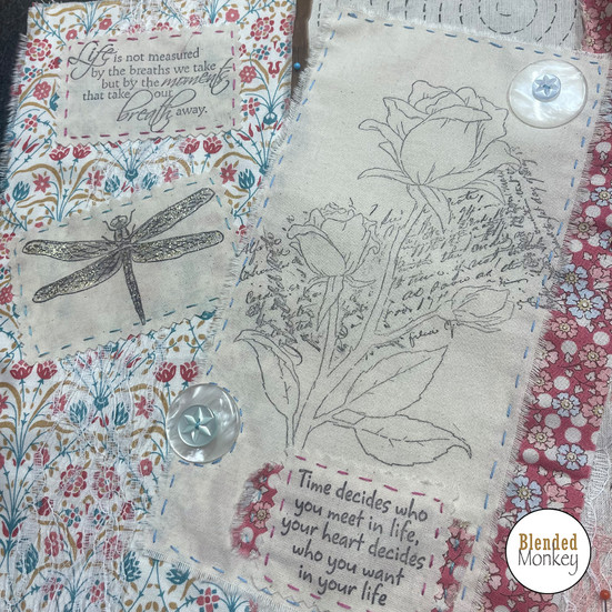 Decorative panel made using various fabrics, stitching and stamping here in the Blended Monkey Studios