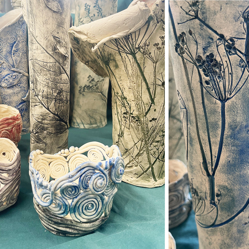 Montage of coiled pieces and botanical slab vases