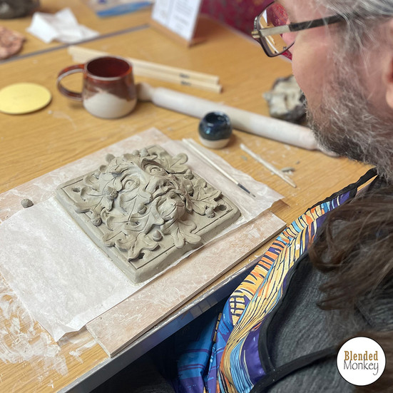 Student happy with his wonderful Green Man sculpture created here at the Blended Monkey Studios