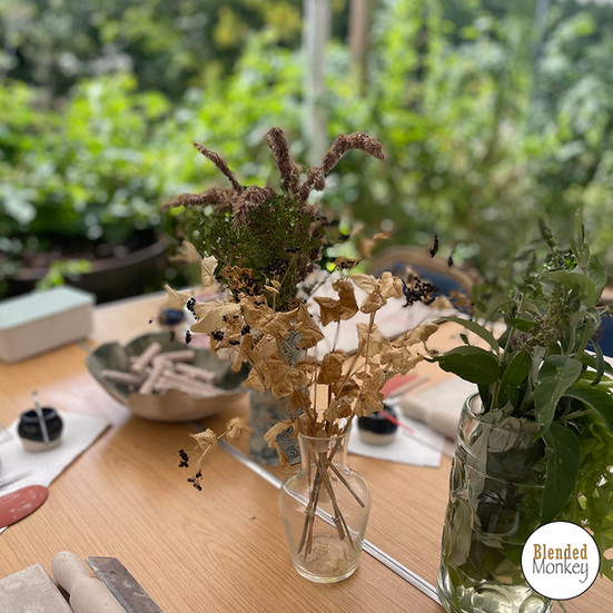 All set up for this evening's botanical vase workshop here in the Blended Monkey Studios & Gardens