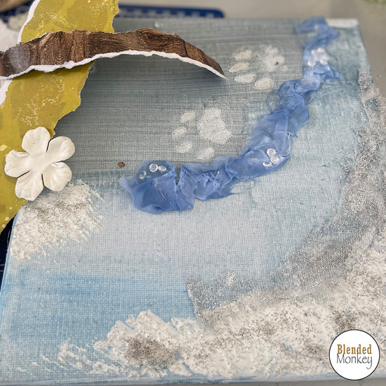 Mixed media workshop at the Blended Monkey Studios - beautiful use of fabrics, pearls and pawprints!