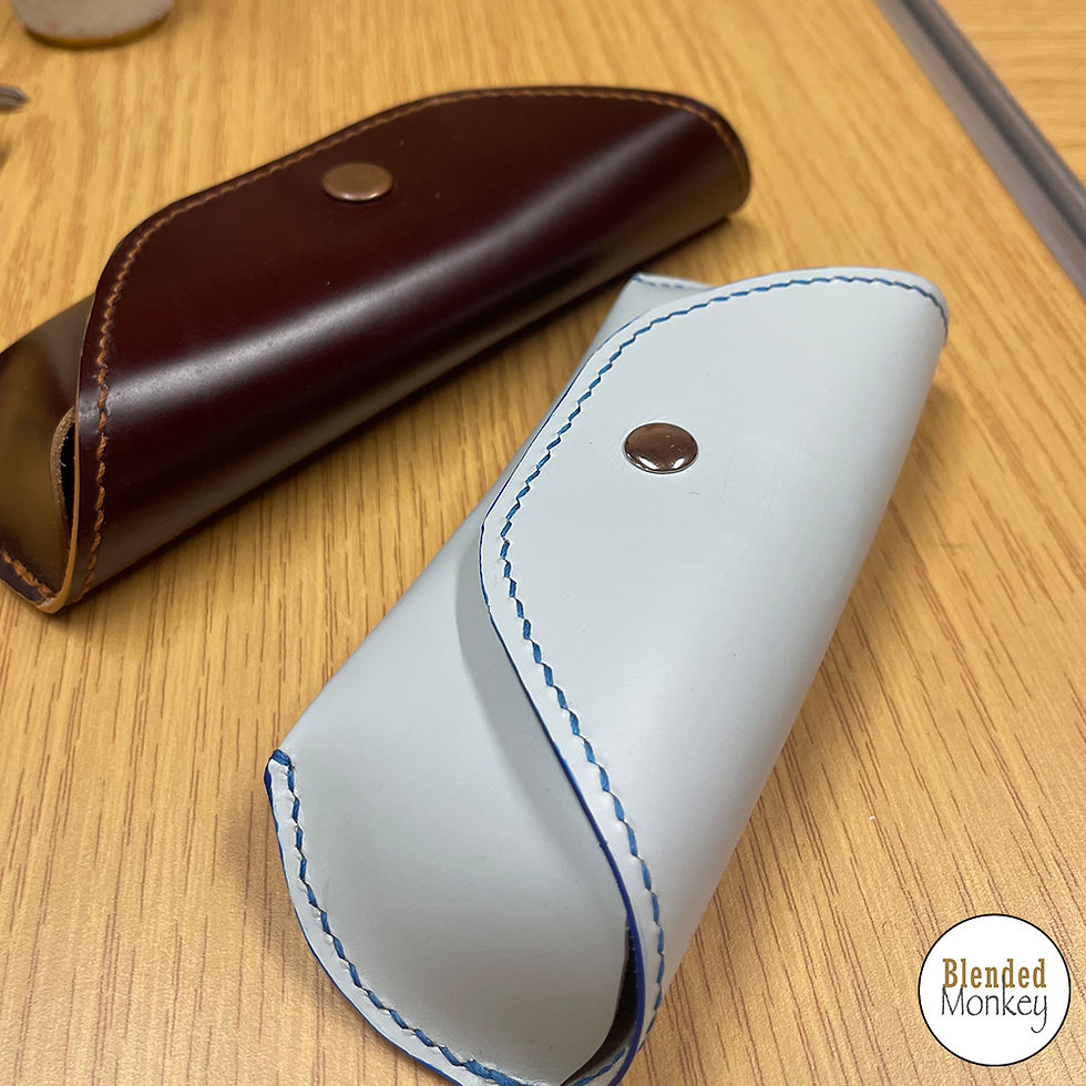 Example leather glasses cases to give inspiration to today's beginner leatherwork group for their half-day glasses case workshop here in the Blended Monkey Studios & Gardens