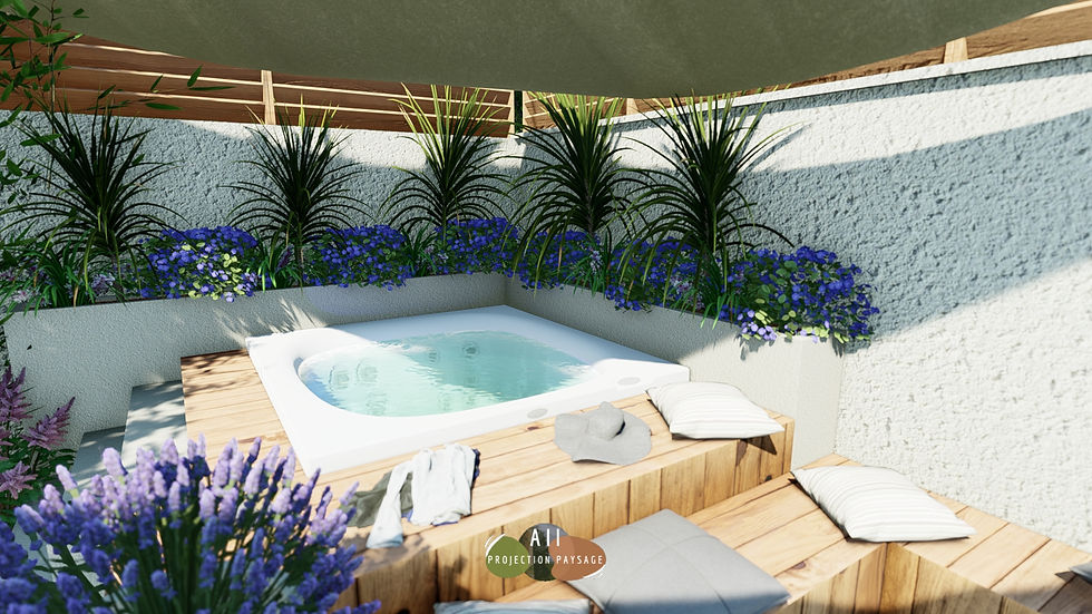 Aménagement d'un spa et de son assise en bois dans un petit jardin.