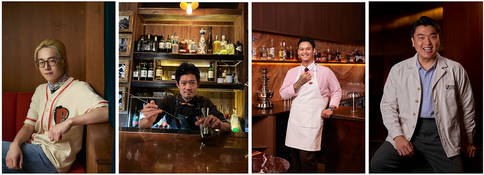 Pictured Left to Right: Cris Song (Head Bartender, Pony Up), Hiroyuki Yamada (Bartender, Bee's Knees), Tanat 'Kem' Suttirak (Head Bartender, Cherry Olive Cocktail Club), Uno Jang (Creative Director, Jigger & Pony Group / B.O.P)