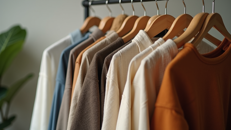 Eye-level view of a clothing rack filled with sustainable fashion pieces