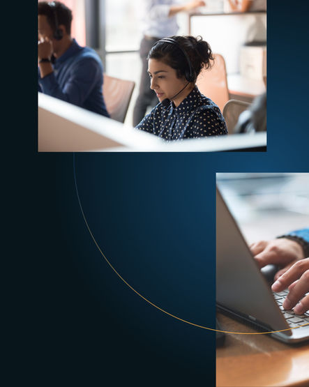 a woman wearing a headset sits in front of a laptop