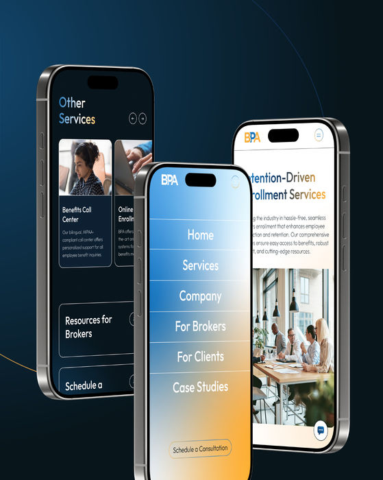 three phones are displaying a website for bpa attention-driven enrollment services