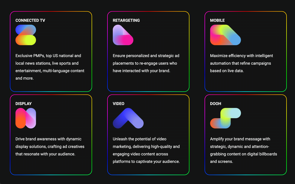 a black background with a rainbow colored border and the words retargeting video mobile and dooh
