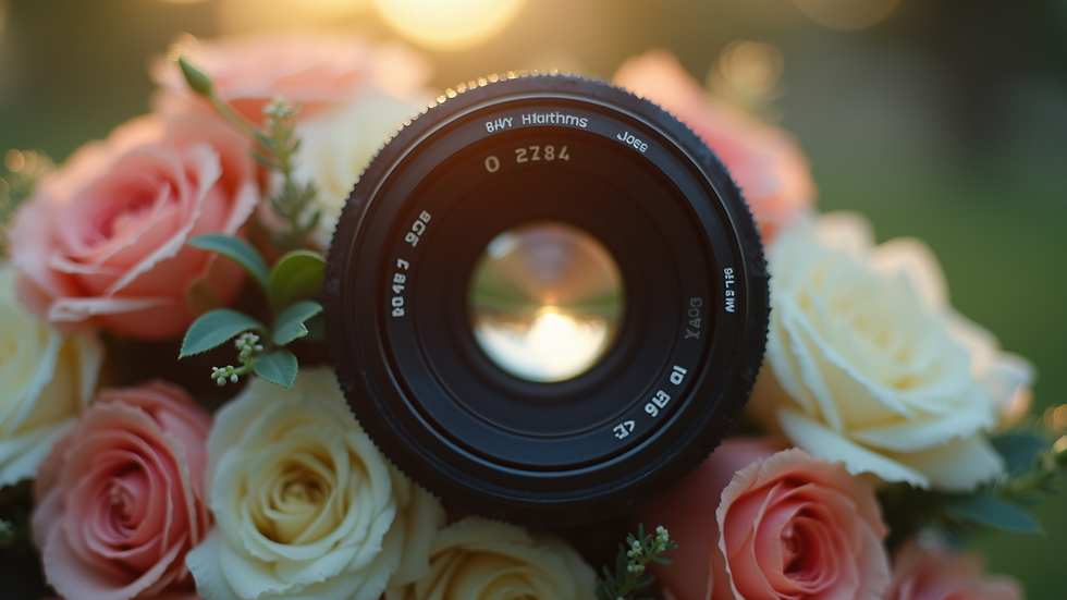 Close-up view of a camera lens focused on a wedding bouquet