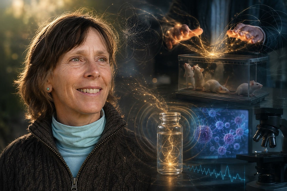 Margaret Nies beside a glowing lab scene with mice in a glass tank, microscope, and a bottle of sparkling liquid.