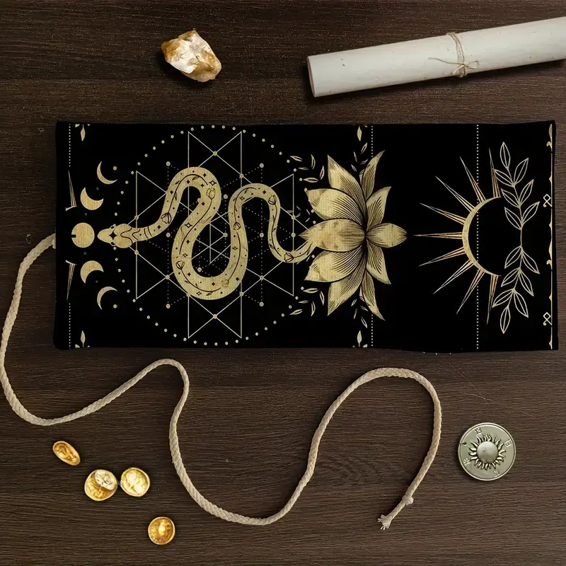 Thumbnail: Sun, Moon & Lotus Tarot Bag – Black Pouch with Golden Floral Design | Mystical