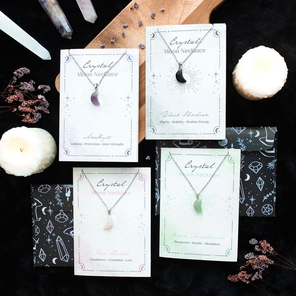 Miniatyrbild: BLACK OBSIDIAN CRYSTAL MOON NECKLACE ON GREETING CARD