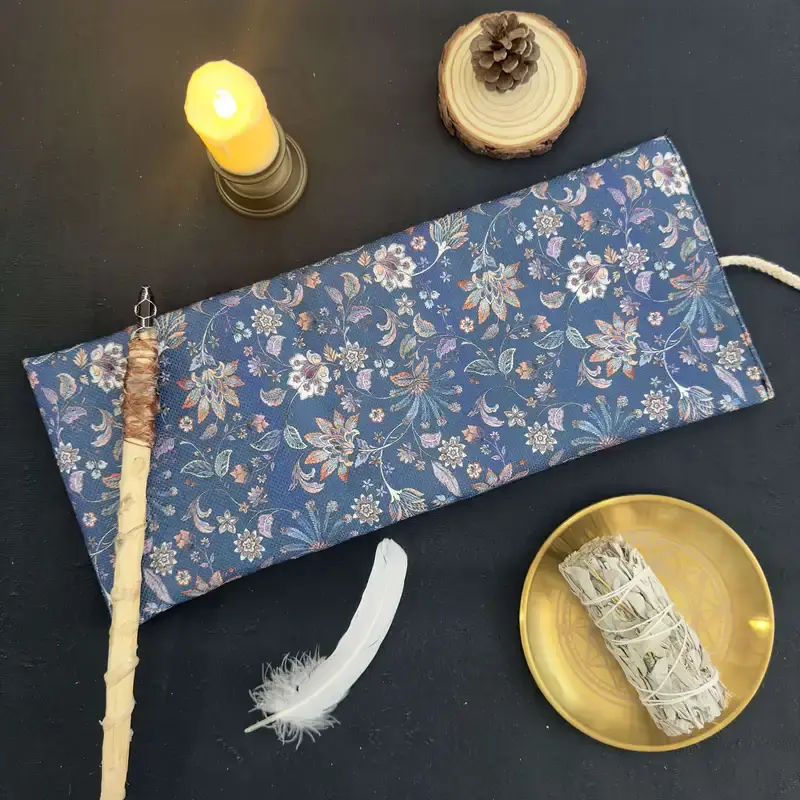 Thumbnail: Navy Blue Floral Tarot Bag – Braided Rope Closure | Elegant Storage for Witchcra
