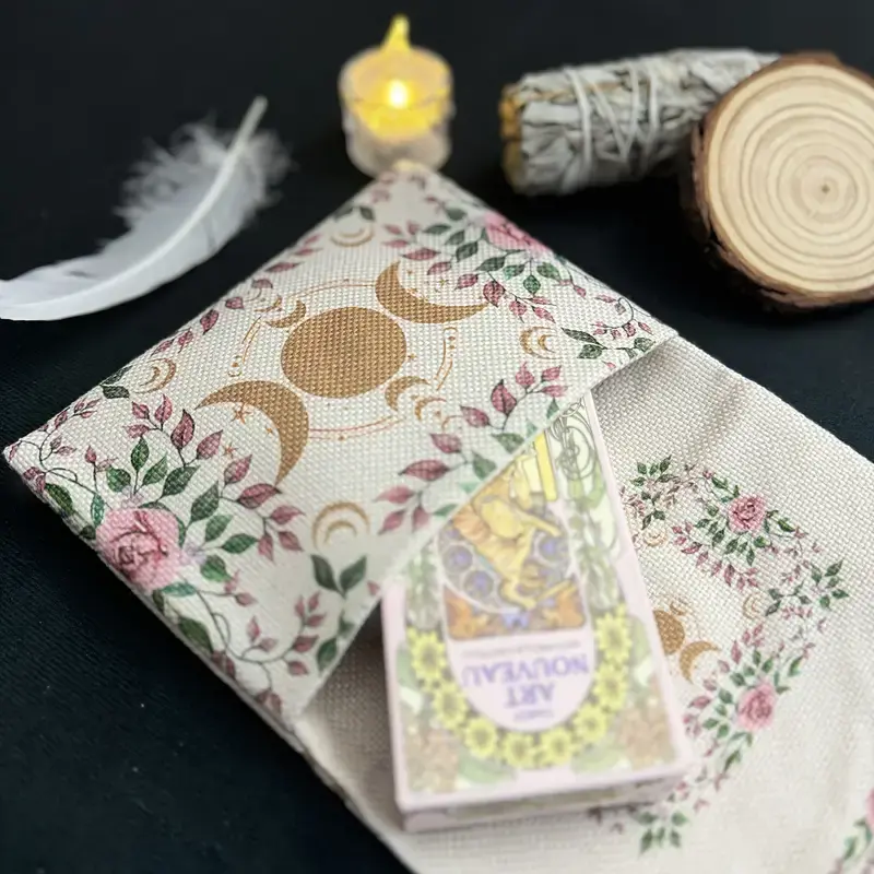 Thumbnail: Tripple Moon Tarot Bag – Pink Rose Design with Floral Sky & Rope Drawstring