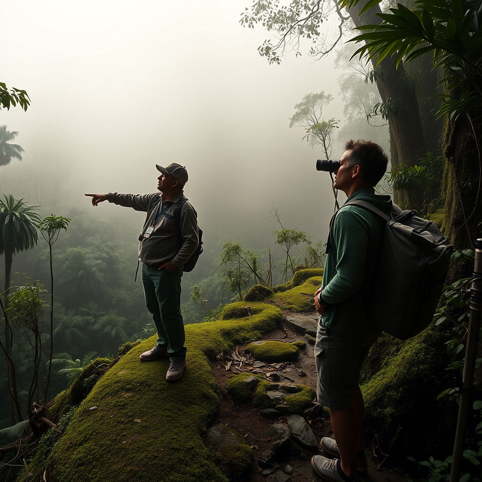 Biologist guide and birder practicing birdwatching ethics in a misty cloud forest.