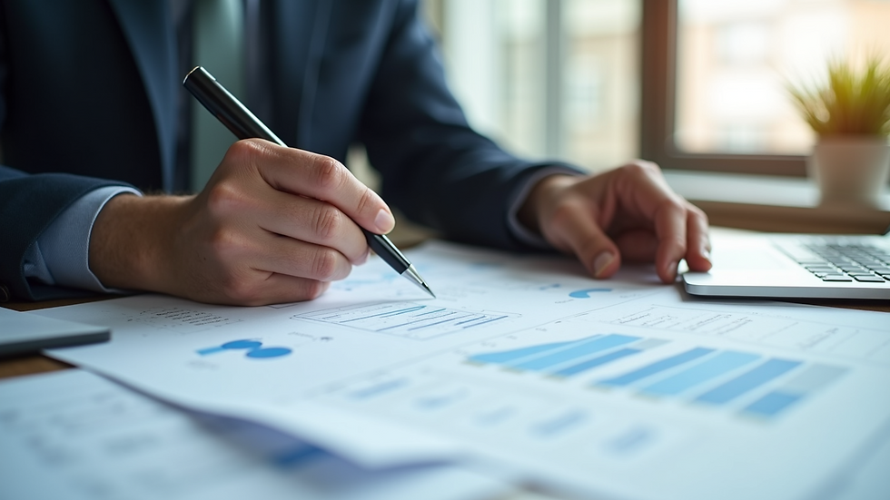 Close-up view of a cost consultant reviewing project blueprints and financial reports