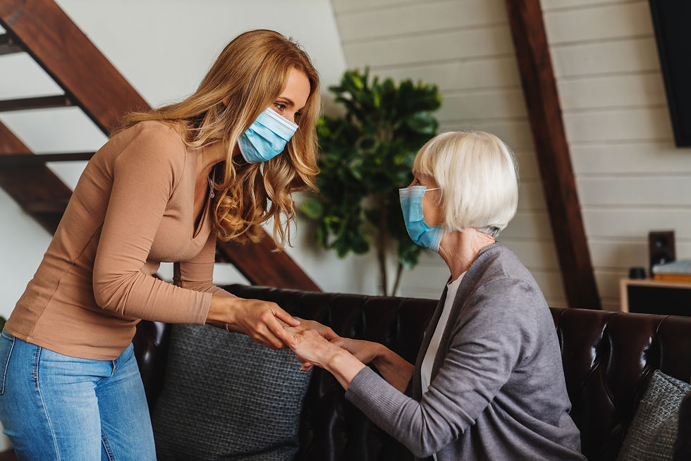 Caregiver woman or daughter take care of the senior woman in protective mask at home.jpg