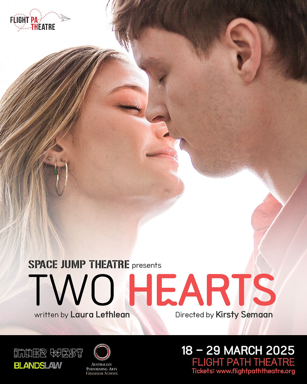 Close-up of two people about to kiss, eyes closed. Text: "Two Hearts," Flight Path Theatre, March 18-29, 2025. Peaceful mood.