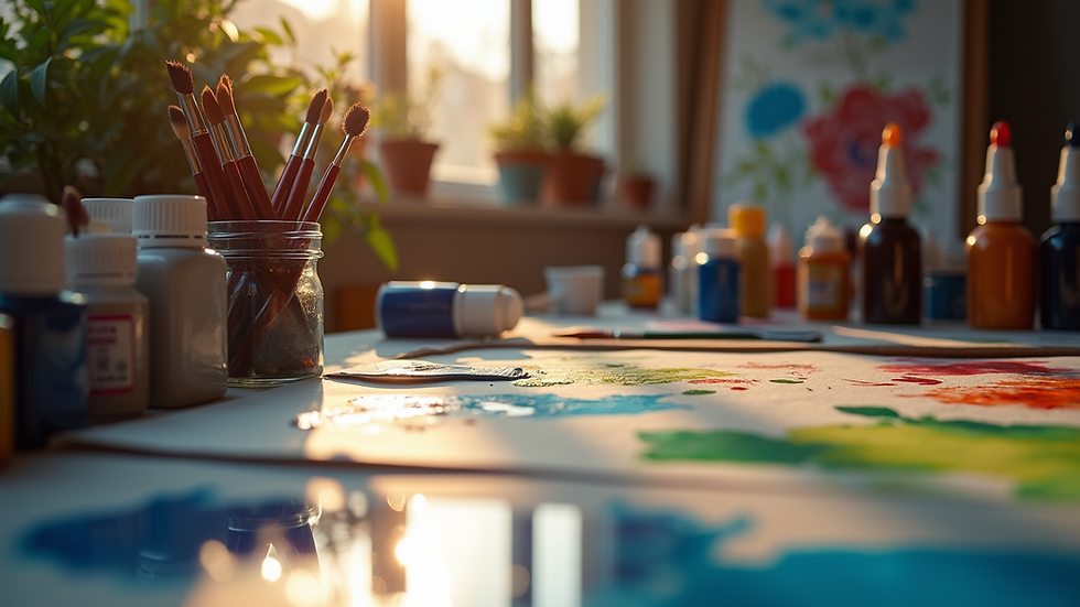 Close-up view of a well-lit art studio corner with paint supplies