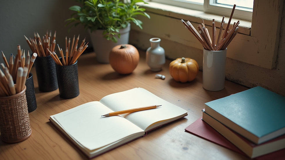 High angle view of a homeschool creative workspace with art supplies and books