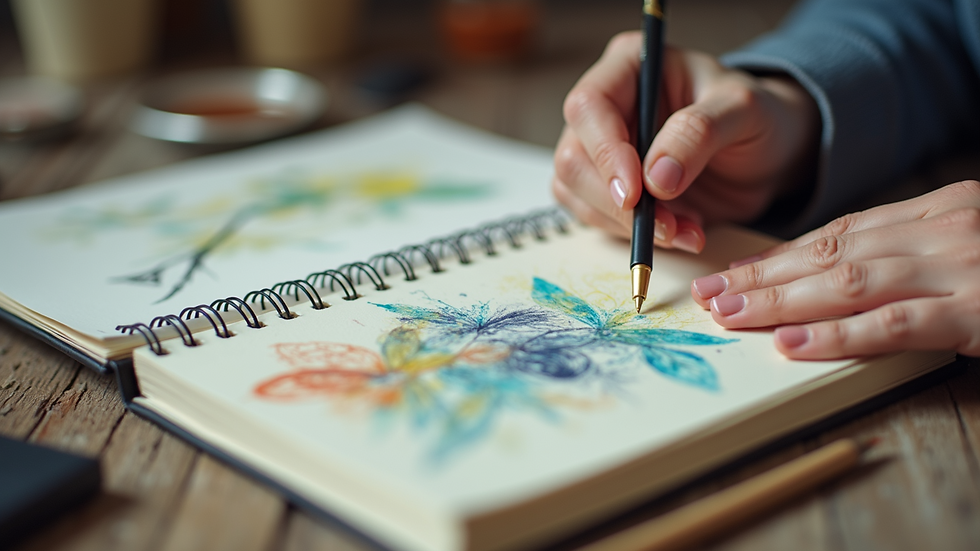 Eye-level view of a small art journal with colorful sketches and notes