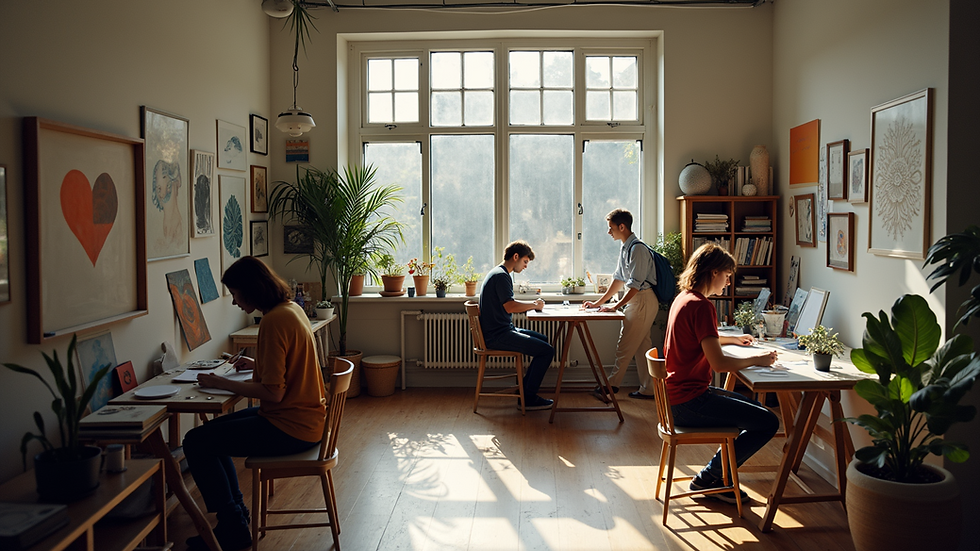 High angle view of a community art studio with multiple artists working