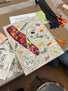 Canvas with vibrant mosaic colors and handwritten words like 'Love,' 'Hope,' and 'Peace' over a cursive background.