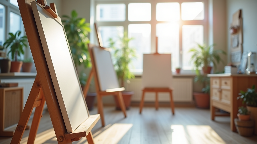 Eye-level view of a bright art studio with easels and canvases