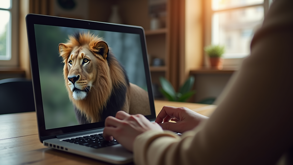 Vista lateral de una persona usando una laptop para participar en una reunión virtual de un club de Leones