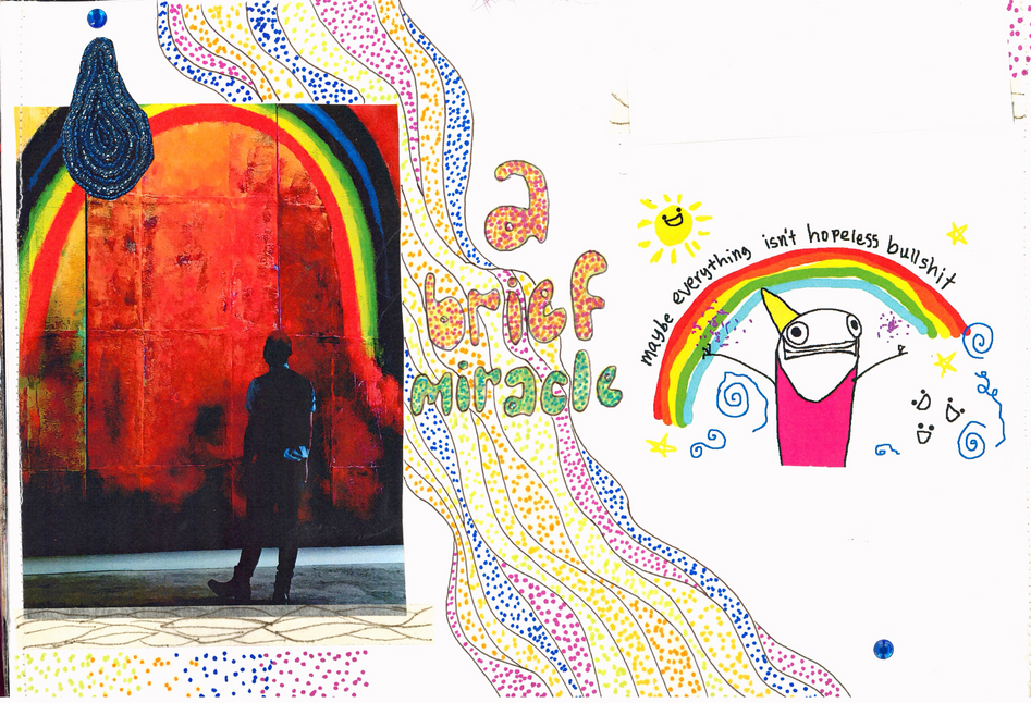 Collage with a rainbow illustration and a man looking at a painting of a rainbow. Art Book by Pangea Kali Virga.