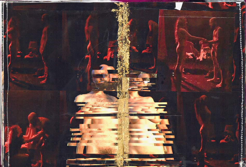 Collage of many images of a man and woman in a dark red room exchanging clothes with a couple in the center brightly lit. Art book page by Pangea Kali Virga.
