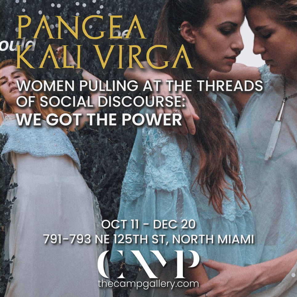 Flyer for CAMP Gallery exhibition in Miami for Pangea Kali Virga with detail shot of two women holding eachother wearing white.