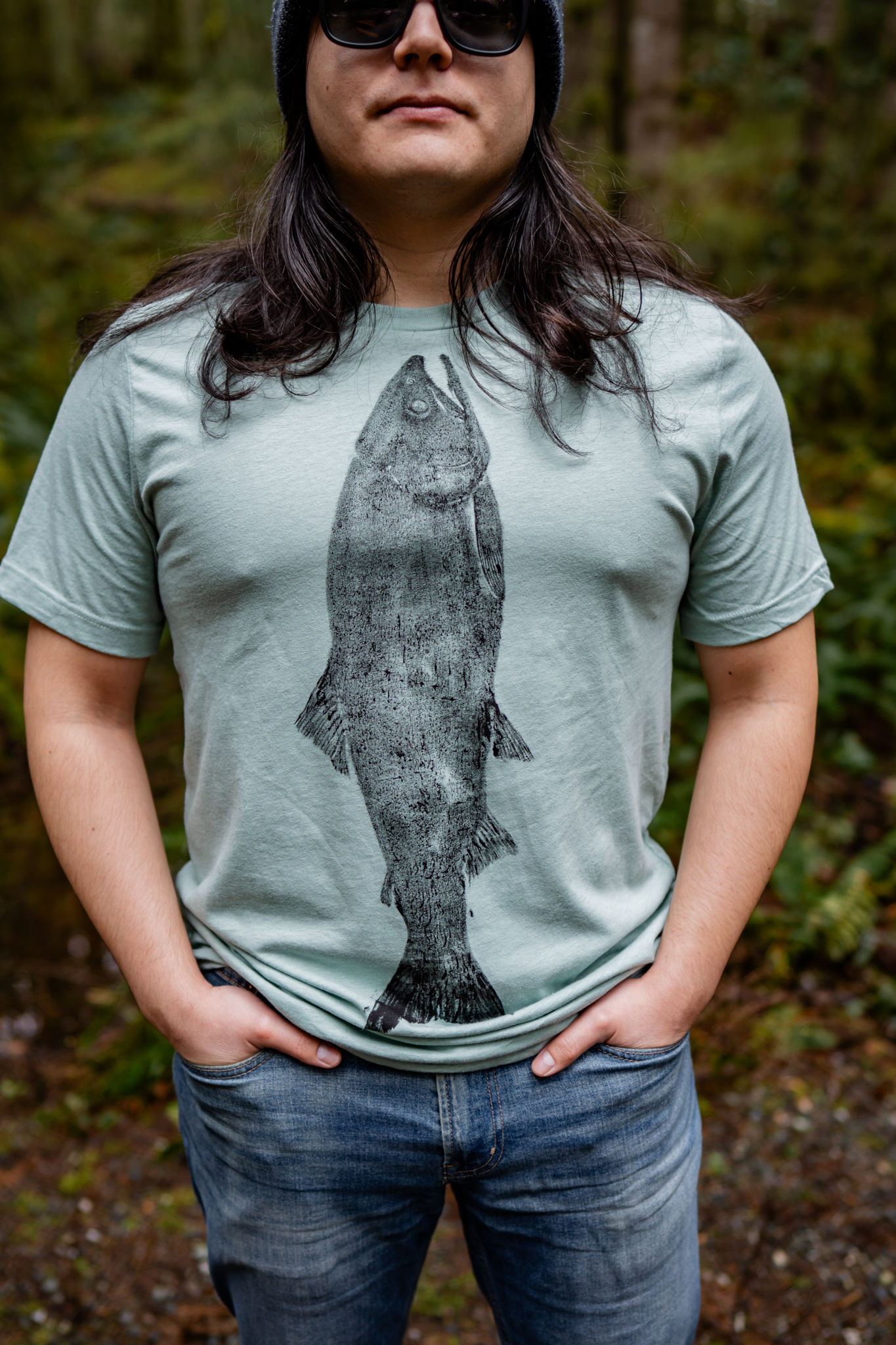 Spring Salmon hand-stamped onto a blue cotton tee