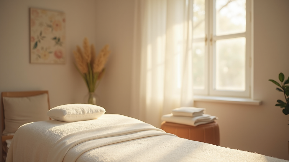 Eye-level view of a serene therapy room with soft lighting and calming decor