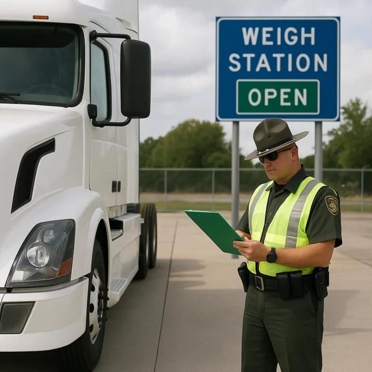 Officer doing an inspection on a truck in a weigh station