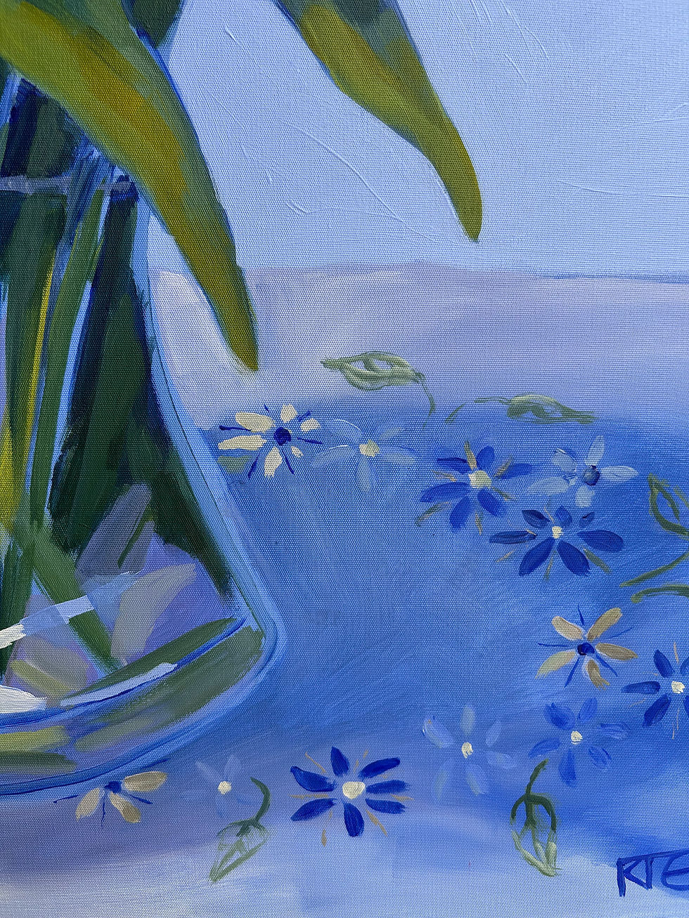 Thumbnail: close up of embroidered cloth on still life tulip blues painting