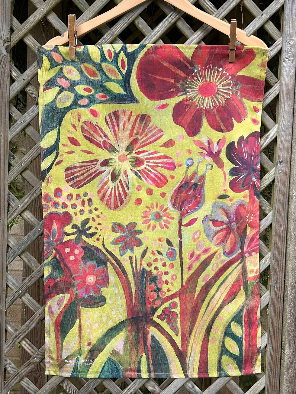 yellow retro flowers tea towel summer garden panel