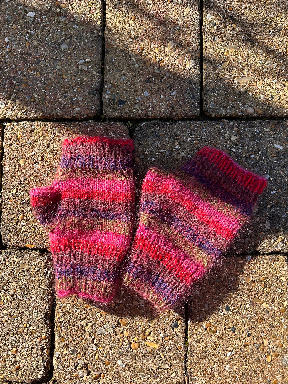 pink striped fingerless wristwarmer mittens hand knitted